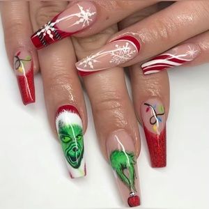 💅🏼 24 Piece Grinch Glossy Long Coffin Press On Nails